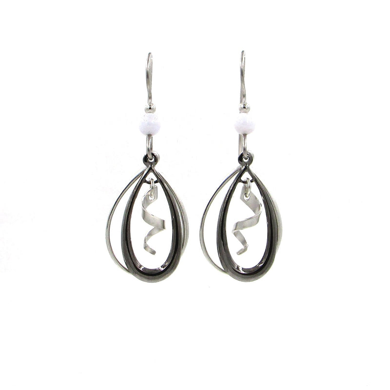 Silver-tone dangle earrings with open spiral squiggle and blue lace agate accent.
