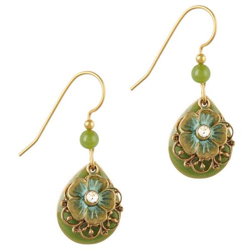 Green teardrop earrings with gold-tone flower, crystal center, and layered filigree by Silver Forest.

