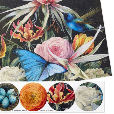 Elegant floral note cards by Marjolein Bastin on black background with coordinating round floral and robin’s egg seal stickers.
