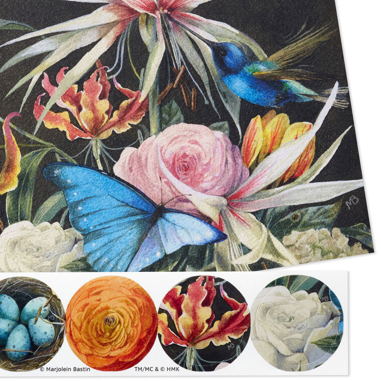 Elegant floral note cards by Marjolein Bastin on black background with coordinating round floral and robin’s egg seal stickers.
