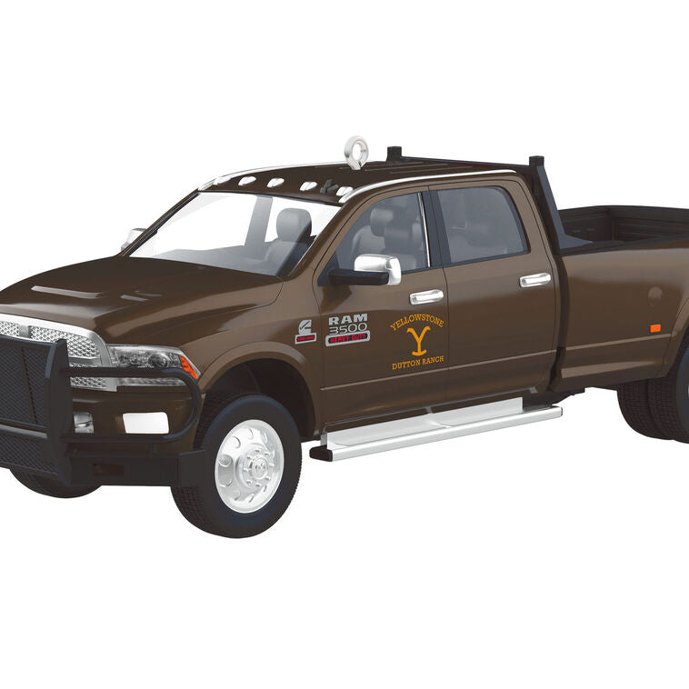 Dark brown 2014 Ram 3500 truck Christmas ornament with Yellowstone rocking-Y logo, inspired by John Dutton’s pickup.