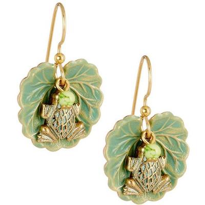 Silver Forest earrings with a frog on layered gold-tone lily pad design. Nature-inspired and handcrafted in the USA.

