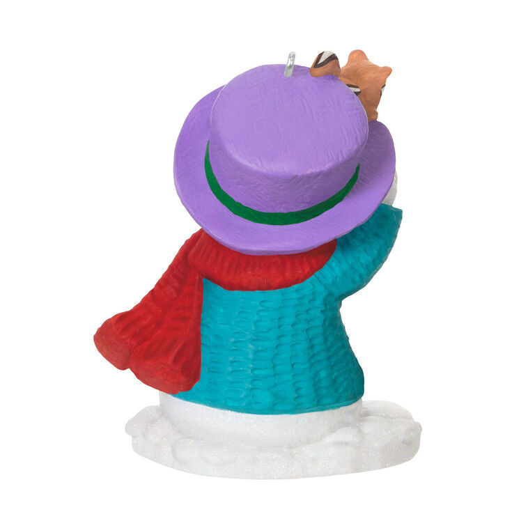 Snowman in blue sweater and red scarf, holding acorn with chipmunk on purple hat, Hallmark Keepsake Snow Buddies 2025 ornament