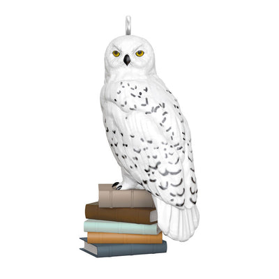 Hedwig snowy white owl perched on a stack of books, Hallmark mini Christmas ornament, Harry Potter collectible