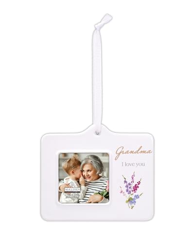 White floral photo ornament with “Grandma” text and silver heart charm, includes ribbon hanger, holds small square photo.

