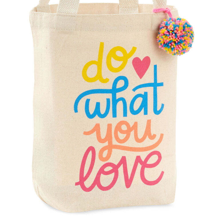 Hallmark 10.5-inch Do What You Love square fabric gift bag with retro lettering and pom-pom
