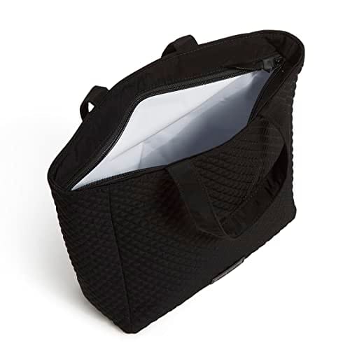 Black microfiber lunch tote with PEVA lining and 6-inch handle, 10 x 10 x 4 inches
