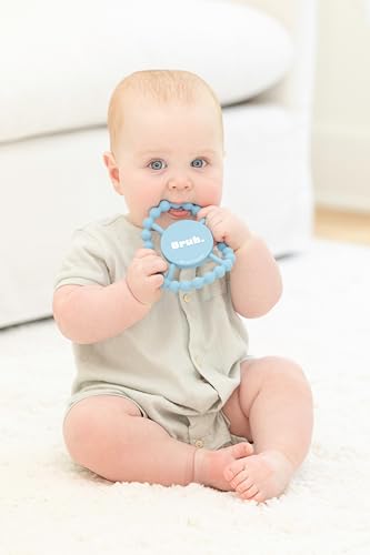 Silicone teething toy in the shape of a circle with 'Bruh' phrase and soft textured design for soothing sore baby gums.