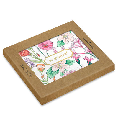 Floral thank-you cards with colorful wildflowers and greenery around a gold-framed “so grateful” message.
