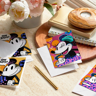 Disney Mickey Mouse and Minnie Mouse blank notes set with black and white pop art, colorful accents, and polka dot backgrounds, pack of 12