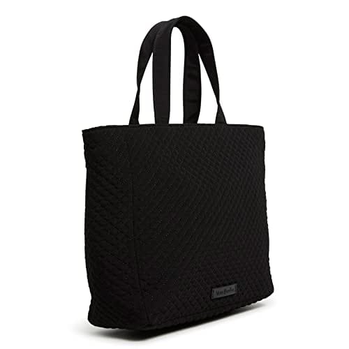 Black microfiber lunch tote with PEVA lining and 6-inch handle, 10 x 10 x 4 inches