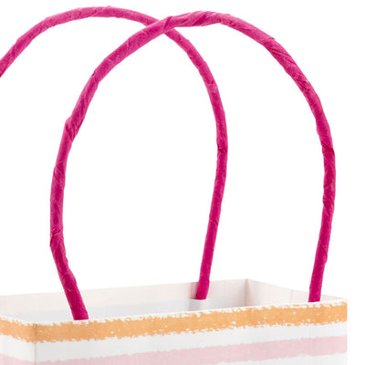 Assorted mini horizontal gift bags with pink stripes, polka dots, squiggles, and multicolor daisies, pink handles, Hallmark
