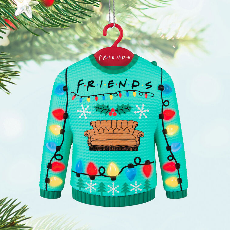Friends ornament, ugly Christmas sweater with Central Perk couch, colorful lights, Hallmark Keepsake, musical, light-up, TV sitcom decoration.