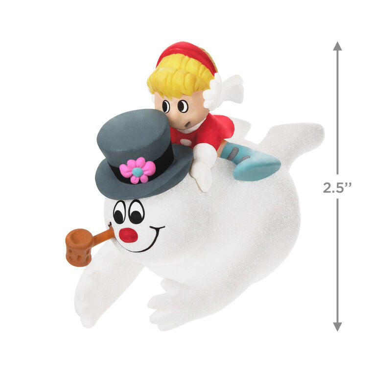 Frosty the Snowman ornament by Hallmark Keepsake featuring Frosty sliding down a snowy hill with Karen on his back from the classic holiday special.