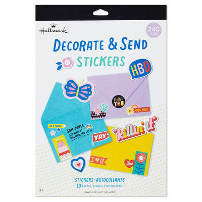 Colorful sticker book with 240 stickers in fun shapes, phrases, and icons, including gold foil accents.
