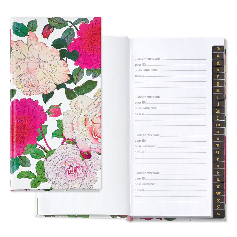 Password keeper book with fuchsia and cream floral cover, alphabetical tabs, and striped end sheets.
