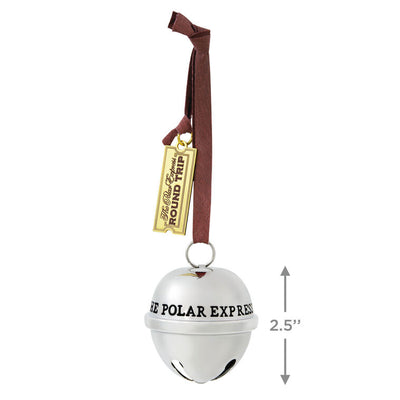 Shiny metal sleigh bell Christmas ornament from The Polar Express with gold ticket tag, faux leather hanger, and commemorative 2025 date.