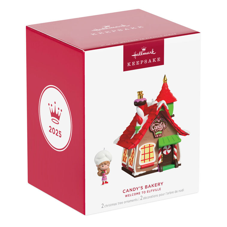 Two-piece ornament set with a festive bakery shaped like a gingerbread house and a smiling elf named Candy holding chocolate cake.