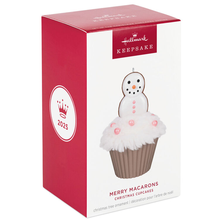 Hallmark Keepsake Christmas Cupcakes Merry Macarons ornament—cupcake with white meringue icing, pink pearl candies, snowman made of macarons