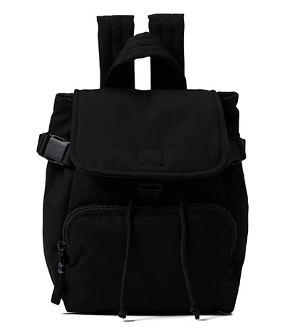Black mini backpack with buckle flap, drawstring closure, and recycled cotton fabric