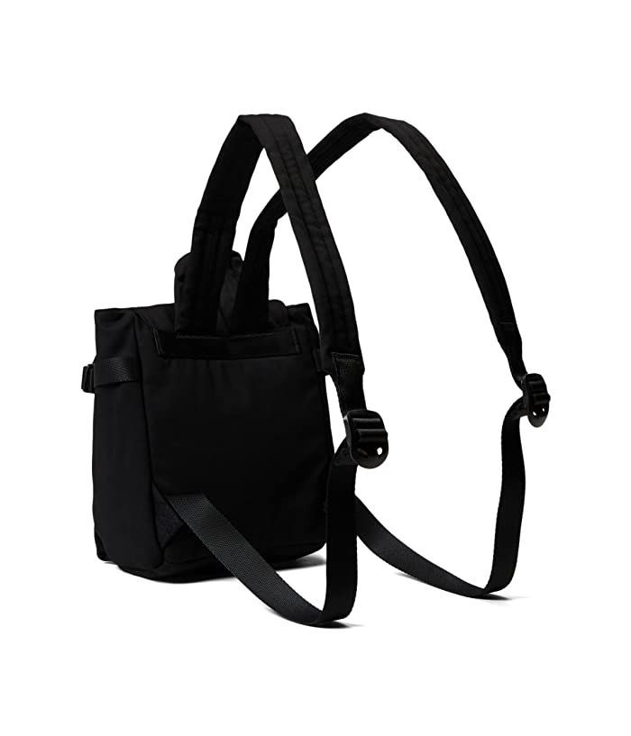 Black mini backpack with buckle flap, drawstring closure, and recycled cotton fabric