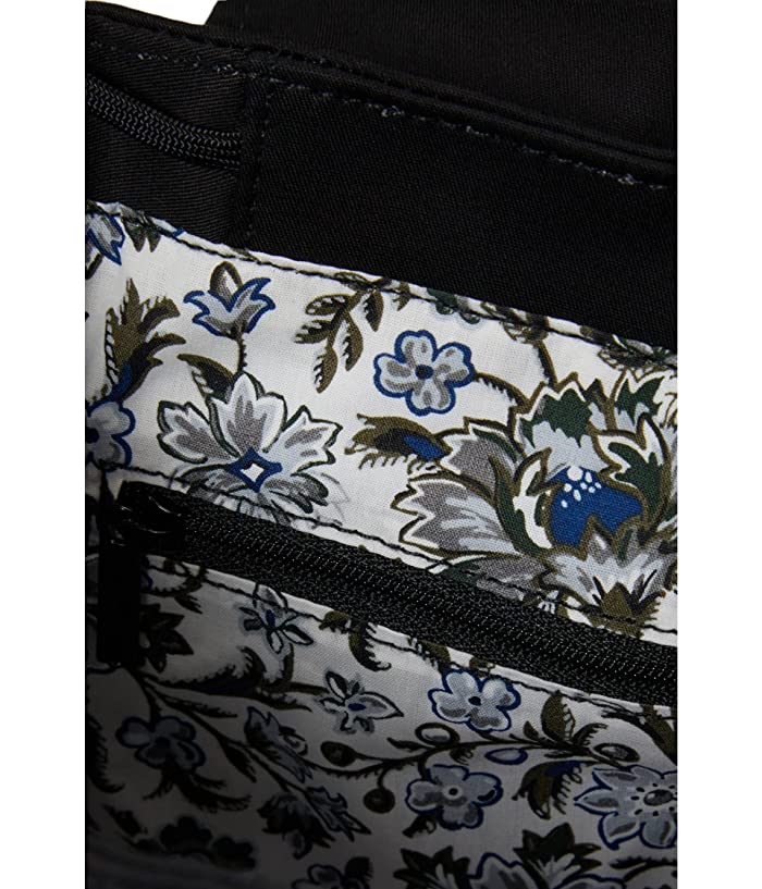 Black mini backpack with buckle flap, drawstring closure, and recycled cotton fabric