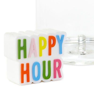 Colorful silicone drink charm with "Happy Hour" lettering, fits inside Charmers stemless contour or drinking glasses.