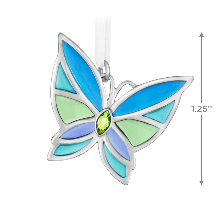 Mini Bitty Bright Butterfly miniature Christmas tree ornament with blue and green metal wings and shiny silver detailing