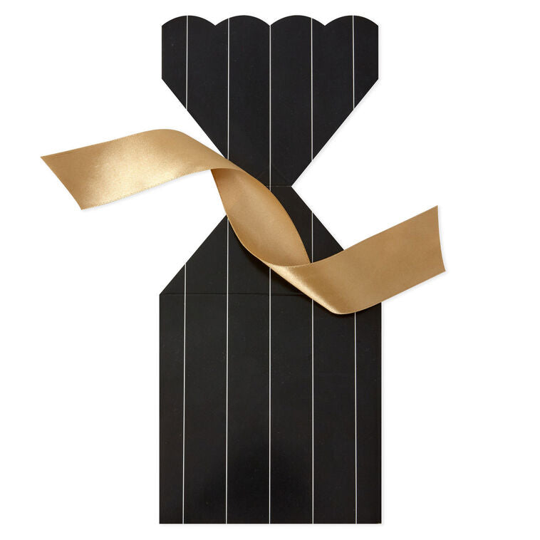 Hallmark vertical treat box with black and gold pinstripes, scalloped top, and gold ribbon tie—perfect for elegant gifts or party favors.