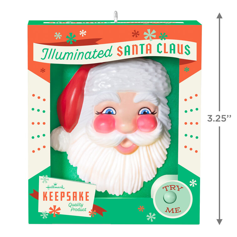 Retro Santa face ornament in festive box with light-up rosy cheeks and beard, battery operated Christmas decoration

