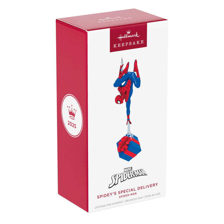 Spider-Man ornament, Marvel hero in red and blue suit, upside down, holding gift, Hallmark Keepsake Christmas decoration.