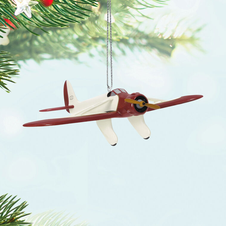 Mini Kinner Sportwing airplane ornament, creamy white with brown accents, spinning propeller, Hallmark Keepsake aviation collectible
