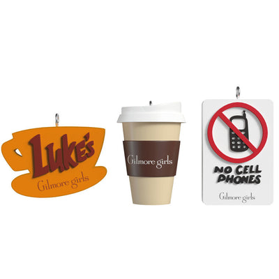 Set of three Gilmore Girls mini ornaments: Luke’s Diner mug, travel coffee cup, and No Cell Phones sign, Hallmark Keepsake collectible