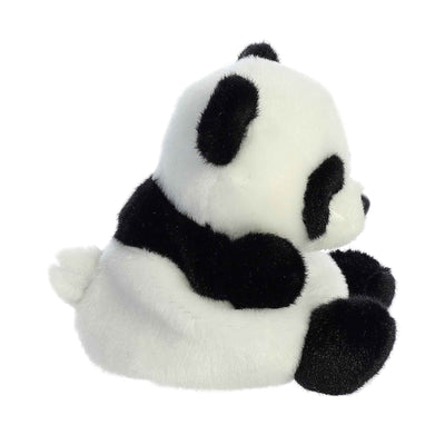Black and white plush panda bear sitting on a white background