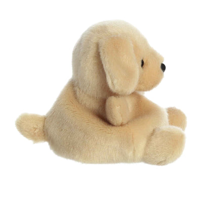 Small brown plush dog sitting on a white surface. 
