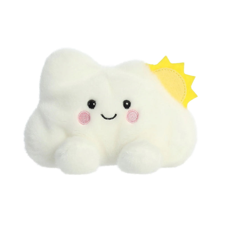 White cloud plush toy with a yellow sun sewn on