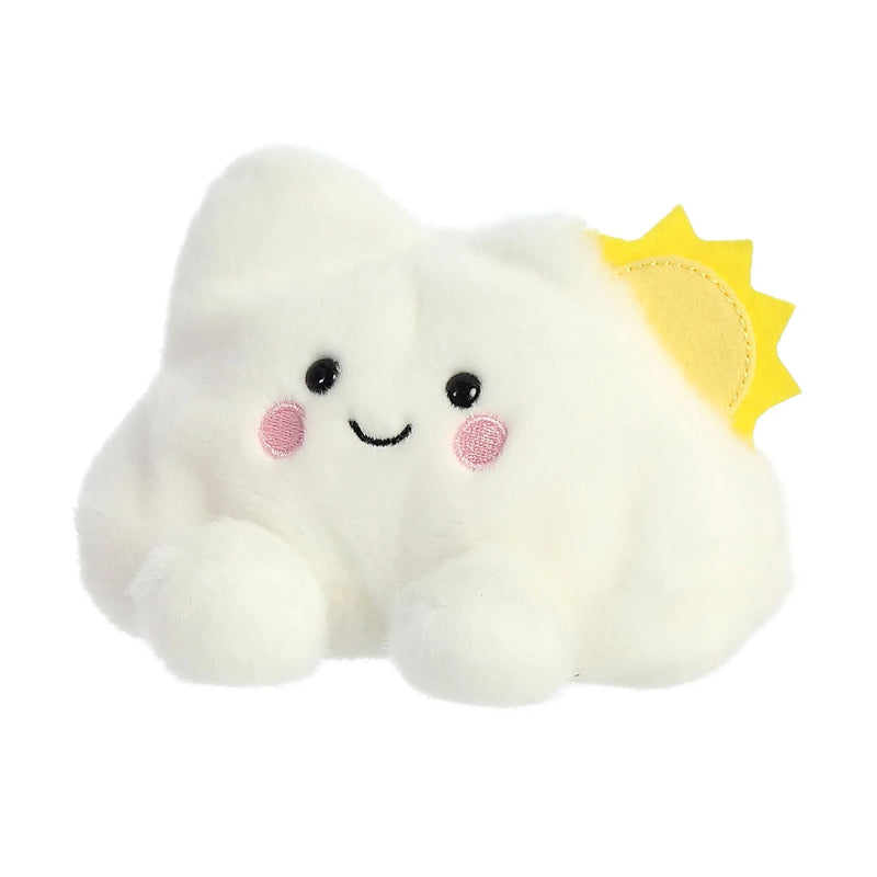 White cloud plush toy with a yellow sun sewn on