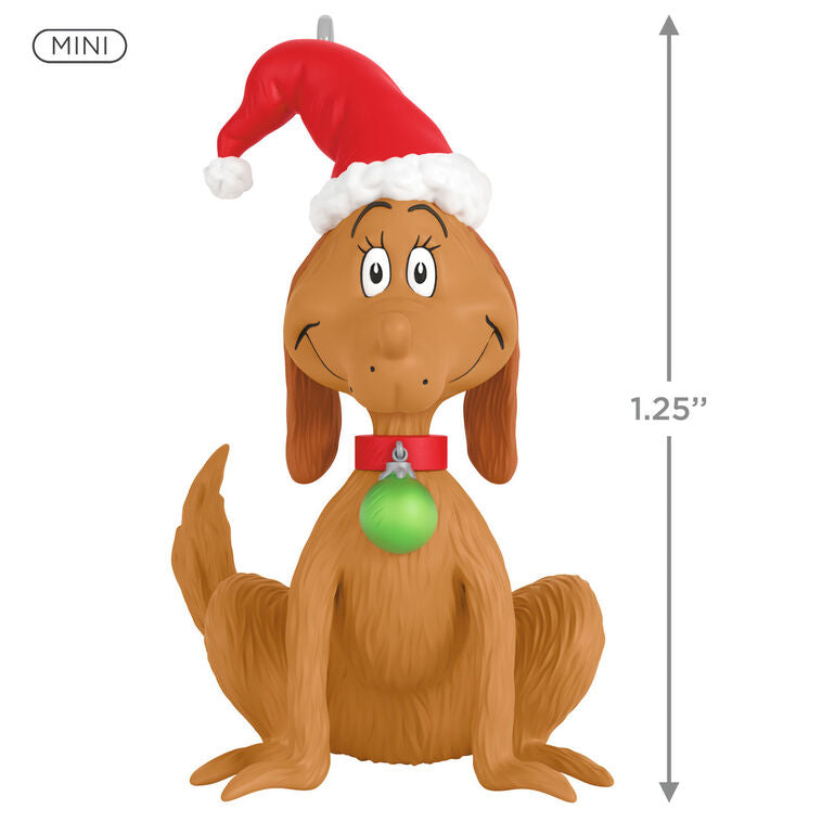 Mini Max dog ornament with Santa hat and green collar tag, Grinch’s loyal companion, Hallmark Dr. Seuss Christmas collectible
