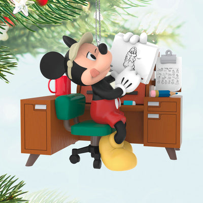 Hallmark Keepsake Disney Mickey Mouse From Sketch to Screen ornament, Mickey at animation desk with sketch, 2025 holiday collection.