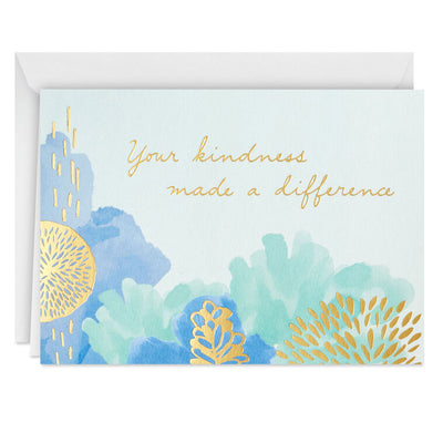 Blue and green floral watercolor thank-you cards with gold foil lettering, displayed in a gray gift box with matching white envelopes.