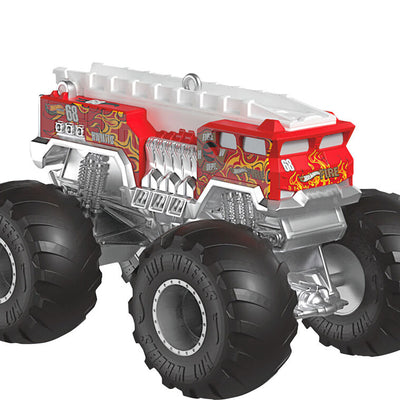 Hallmark Keepsake Hot Wheels HW 5-Alarm Monster Truck ornament, candy-apple red fire truck with big wheels, Christmas decor for kids.