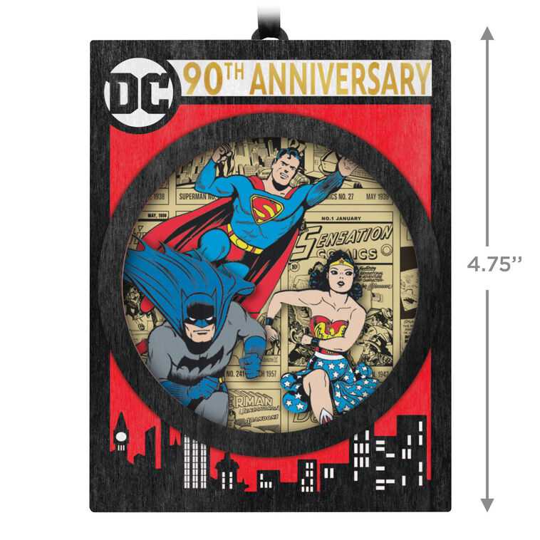 DC Comics 90th Anniversary ornament, Superman, Batman, Wonder Woman, double-sided papercraft, Hallmark Keepsake, Christmas decoration.