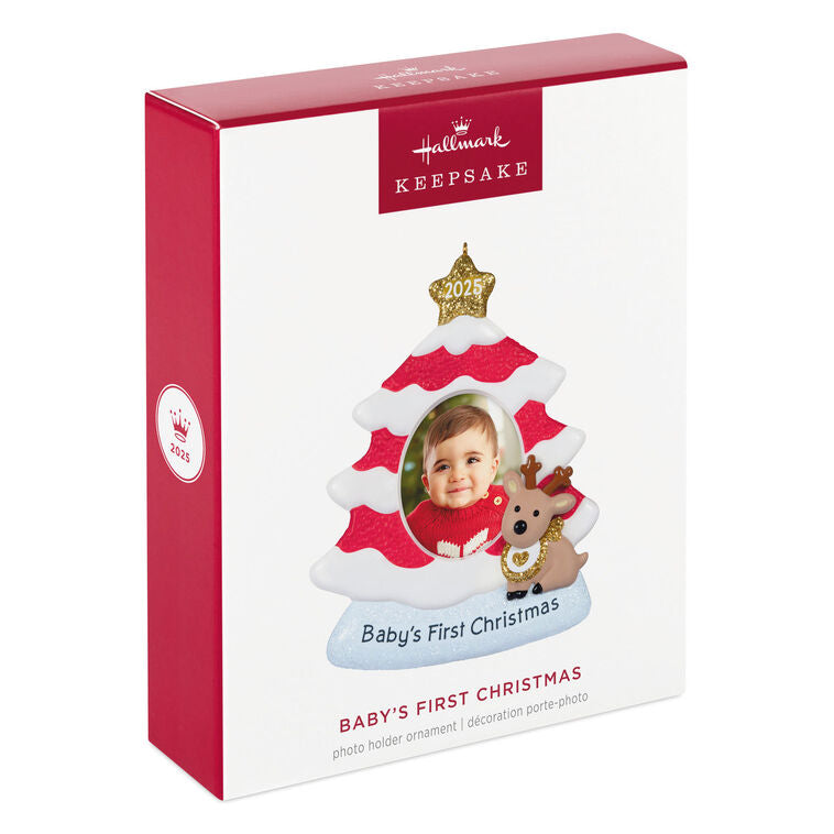 Red and white glittered Christmas tree photo frame ornament with 2025 star topper, baby’s photo slot, and reindeer calf accent.