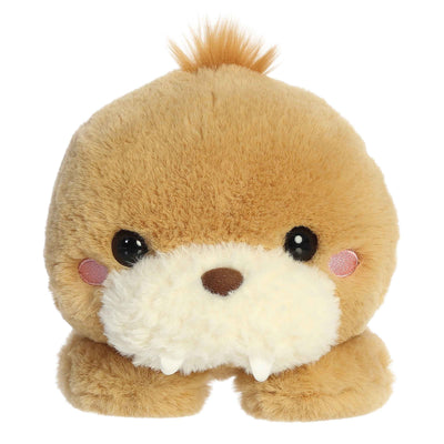 Wully Walrus plush from Aurora’s Too Cute line, lying belly-down with sandy fur, soft tusks, and a gentle smile.
