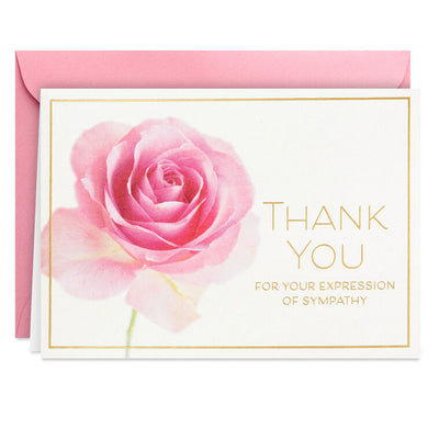 Pink rose sympathy thank-you cards with gold foil accents, packaged in a gray Hallmark box with matching envelopes.

