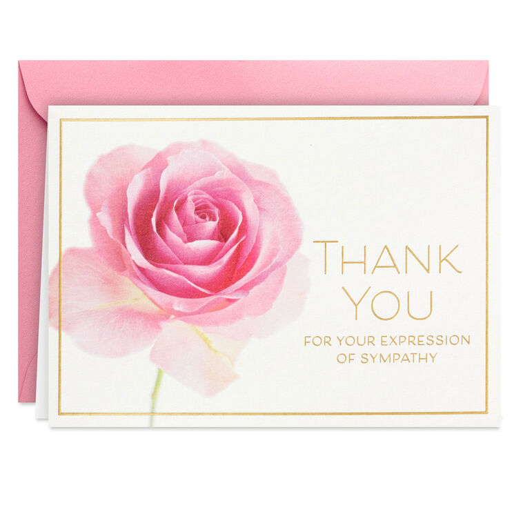 Pink rose sympathy thank-you cards with gold foil accents, packaged in a gray Hallmark box with matching envelopes.

