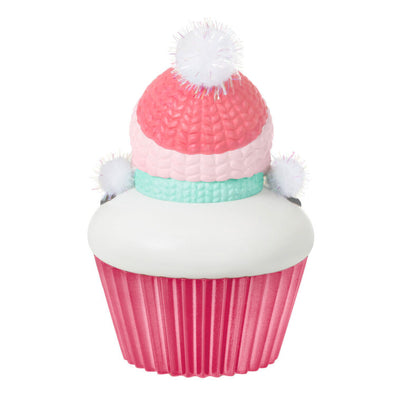 Cupcake-shaped snow-girl ornament with pink hat and green scarf, year-dated 2025 for great-granddaughter Christmas gift


