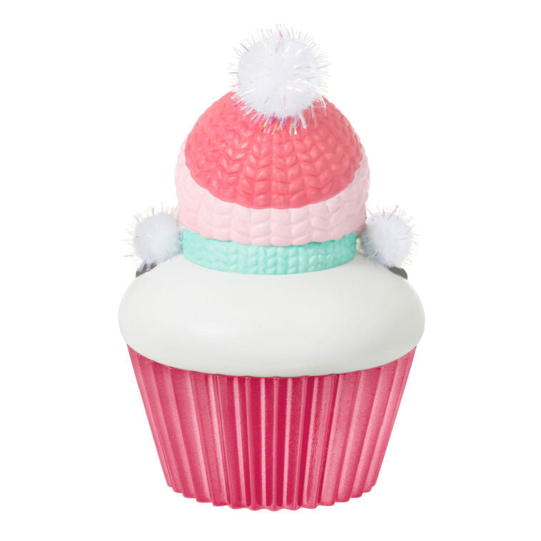 Cupcake-shaped snow-girl ornament with pink hat and green scarf, year-dated 2025 for great-granddaughter Christmas gift


