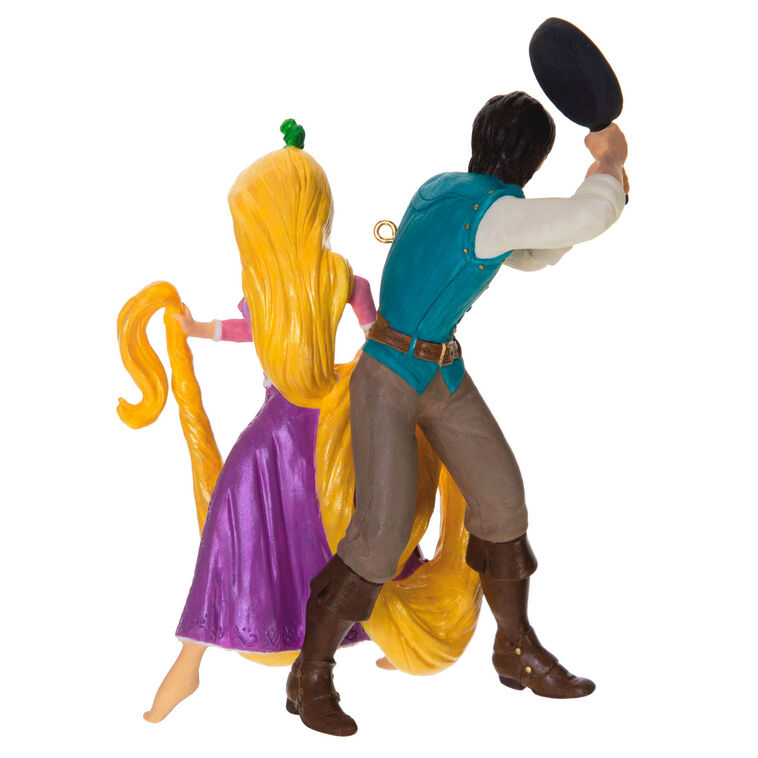 Rapunzel and Flynn Rider ornament from Disney’s Tangled, in action pose with long hair and frying pan