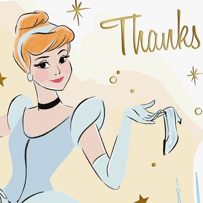 Thank-you cards featuring Disney’s Cinderella in her ball gown with a glass slipper, gold foil stars, and castle sketch.
